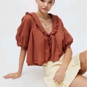 Urban Outfitters Fiona Collared Babydoll Crop Blouse • Small • Y2K / Boho / Warm